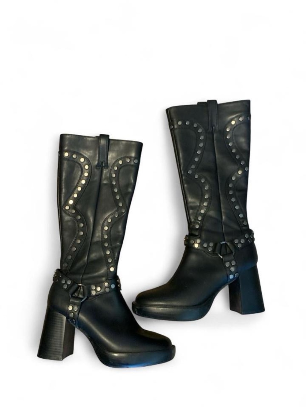 Black Studded Mid-Calf  Boots - Women's